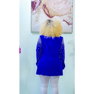 Rear view of blue long-sleeve blazer with decorative white pearls on the sleeves