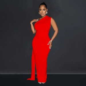 Detail of red one-shoulder bodycon evening gown with elegant side drapes and pleats