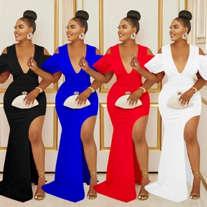 Robe Longue Sexy à Col en V et Épaules Dénudées pour Femmes Fente Haute Moulante Manches à Volants Soirée