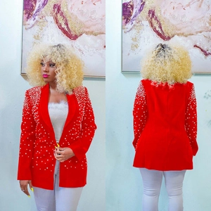 Women fashion red long sleeve blazer jacket with white pearl bead decor on shoulders