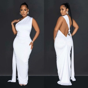 Detailed back view of white one-shoulder backless maxi dress with side ruched draping