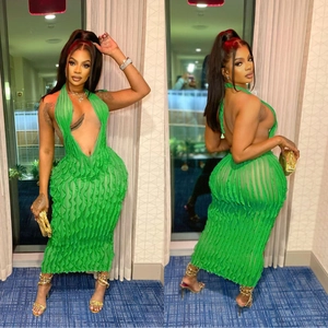 Elegant emerald green halter neck midi dress with open back and wavy pleated texture