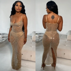 Sparkly champagne mesh maxi dress with silver sequins and slim fit spaghetti straps