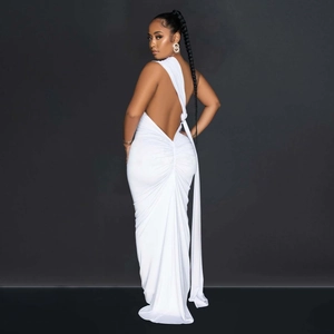 Elegant white backless evening dress with ruched details and a side flowing ribbon