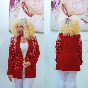 Front and back view of a red longline blazer with pearl embellishments and shawl lapel