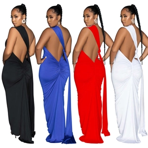 Elegant backless ruched maxi dress with plunging V-neck and draping in four colors