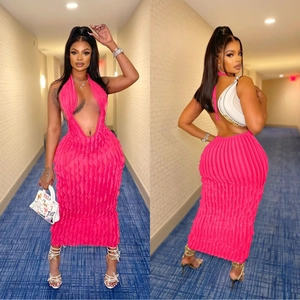 Hot pink slim fit halter maxi dress with hollow wave texture and backless design
