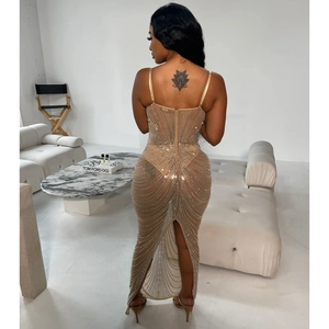 Detail of champagne gold mesh dress with vertical rhinestones and back slit feature