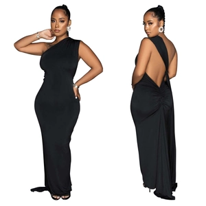 Detail view of black one-shoulder backless maxi dress with elegant pleats and slim fit silhouette