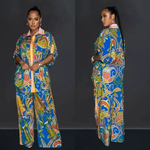 Women's French print short sleeve shirt and wide-leg trousers set with paisley pattern