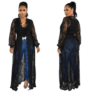 Front and back view of elegant long sleeve black floral lace cardigan for women