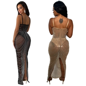 Elegant mesh maxi dress with sparkling rhinestones and adjustable spaghetti straps