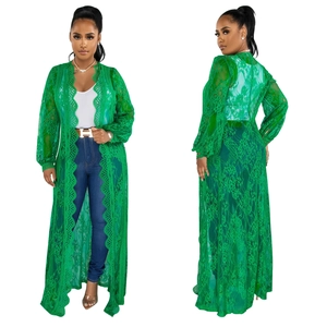 Detailed view of green floral lace cardigan with long sleeves and sheer mesh texture