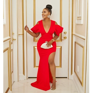 Robe longue rouge élégante à col en V, manches bouffantes et fente latérale haute