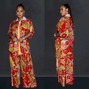 French style paisley print two-piece set with short sleeve shirt and wide-leg pants