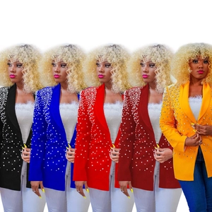Collage of blazer jackets with elegant pearl bead details on wide lapels in five colors
