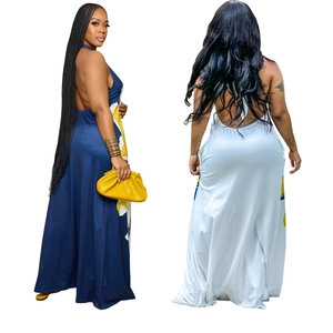 Floral halter backless maxi dress in deep blue and white prints for elegant women