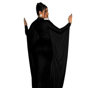 Detailed back view of a black maxi dress featuring elegant cape-style batwing sleeves