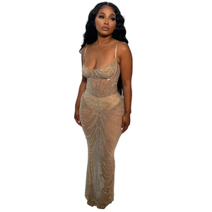 Elegant sleeveless mesh maxi dress with sparkling silver rhinestones and thin straps