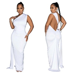 Detailed back view of white one-shoulder maxi dress with ruched detail and open back style