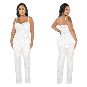 Detailed views of white rhinestone mesh jumpsuit with sleeveless straps and sequins