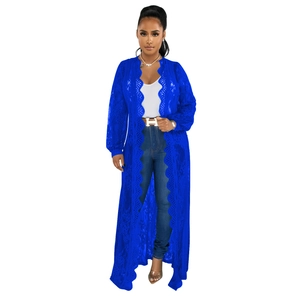 Detail of the royal blue sheer hollow lace cardigan with elegant scalloped edge design
