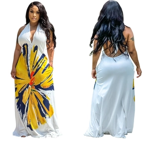 Detailed views showing halter neck design and abstract floral print on maxi dress