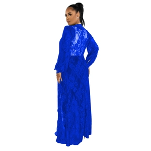 Detail of royal blue floral lace fabric on a long sleeve sheer maxi dress cover-up