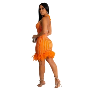 Détail d'une robe orange à sequins avec motifs strass et bordure en plumes chic