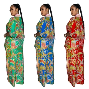 Three-piece collage of French paisley print shirts and wide-leg pants in green, blue and red