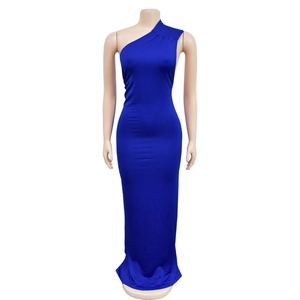 Detail view of royal blue one shoulder maxi dress with elegant ruched draping fabric