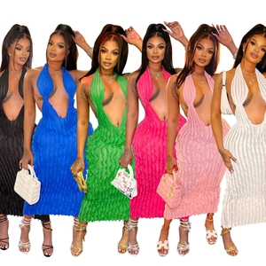 Detailed comparison of six colors of the ruffled halter neck midi dress with deep V-neck