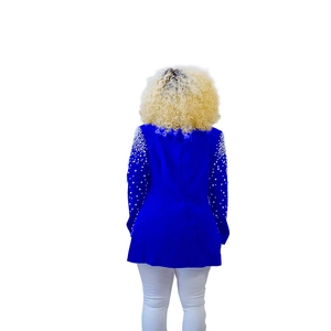 Detail view of royal blue blazer back with gradient white pearl embellishments on sleeves