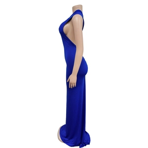 Side view of backless bright blue maxi dress with fishtail hem on a mannequin