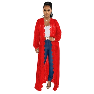 Detailed full-length shot of a red floral lace cardigan with long sleeves and open front