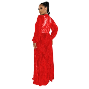 Detailed view of red floral lace fabric texture on an elegant long-sleeved dress