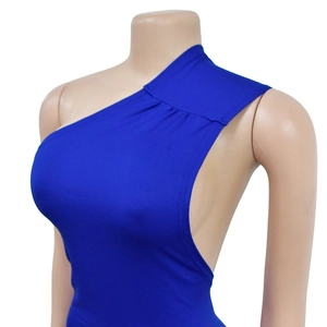 Detail of royal blue one-shoulder slim fit dress with cutout design and silky texture