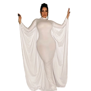 Detail showing the elegant white cape sleeves and slim fit design of the floor-length dress