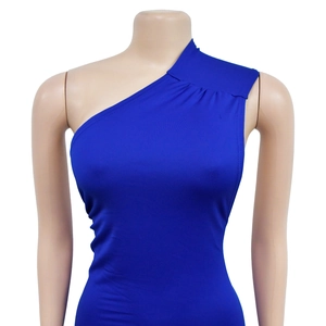 Detail of royal blue one-shoulder top showing pleated shoulder and knit texture