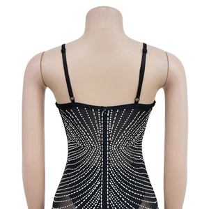 Detail view of the mesh dress back with sparkling rhinestones and adjustable straps
