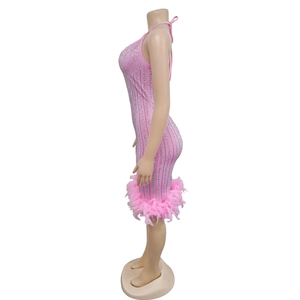 Vue détaillée d'une robe de soirée rose avec des strass argentés et bordure en plumes
