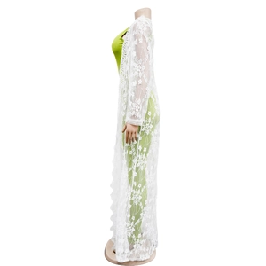 Detail of white floral crochet lace texture on long sheer beach cover-up cardigan