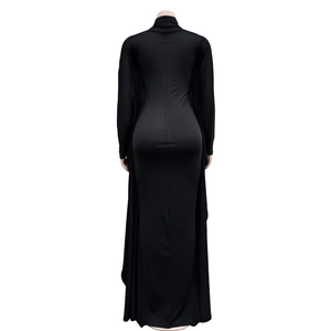 Back view of a sleek black floor-length dress featuring batwing long sleeves and slim fit