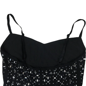 Detail of black mesh top with silver rhinestones and adjustable spaghetti straps