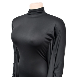 Detailed view of black mock neck bodysuit with long sleeves and satin finish