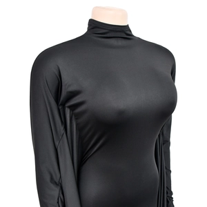 Detail view of black high-neck bodysuit with smooth elastic fabric and long sleeves
