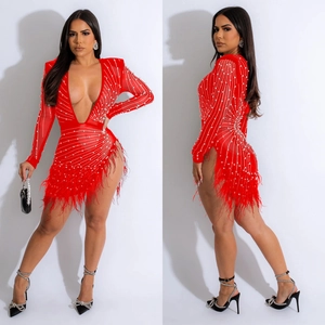 Elegant red long sleeve mini dress with deep V-neck, pearls, and feather hem trim