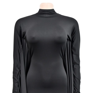 Detailed view of black turtleneck maxi dress with long sleeves in glossy elastic fabric