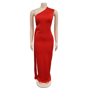 Detail of red one-shoulder evening dress featuring side pleats and a slim fit cut