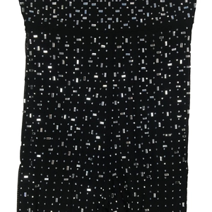 Macro detail of silver rhinestones and rectangular gems on black mesh fabric